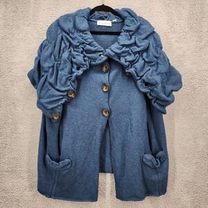 Charlie & Robin Blue Wool Blend Ruffle Shawl Collar Button Cape Sweater M/L